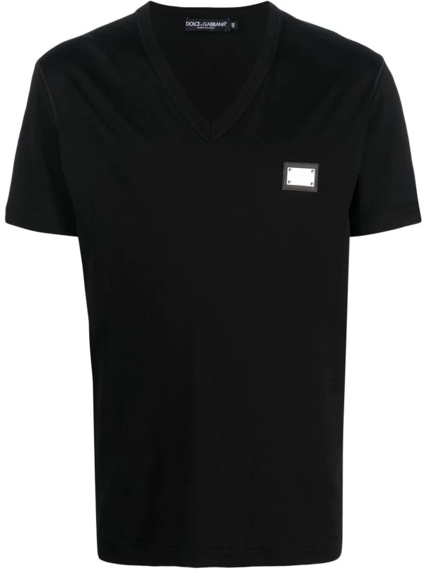 Dolce & Gabbana Logo Plaque V-Neck T-Shirt — Black
