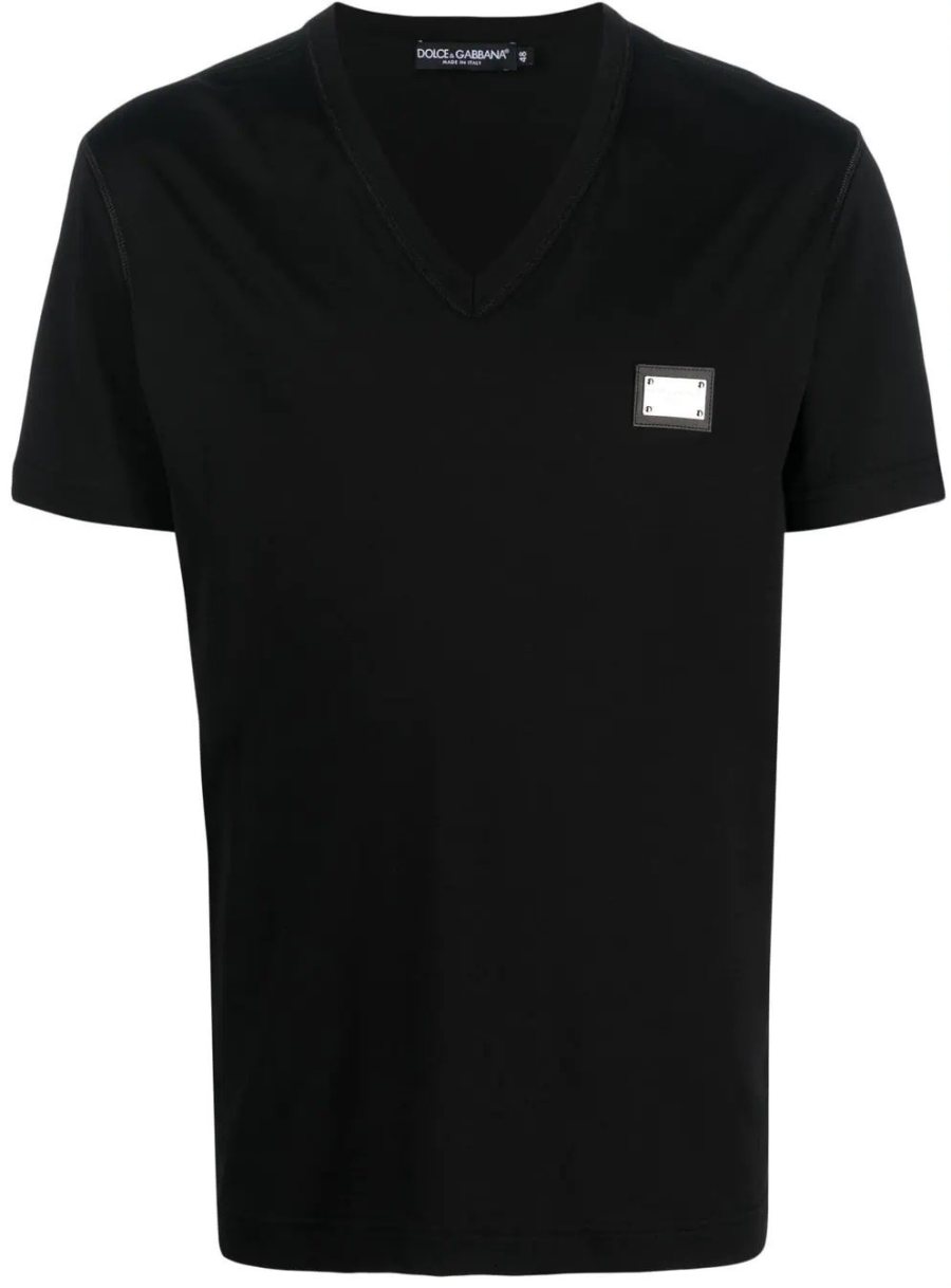 Dolce & Gabbana Logo Plaque V-Neck T-Shirt — Black