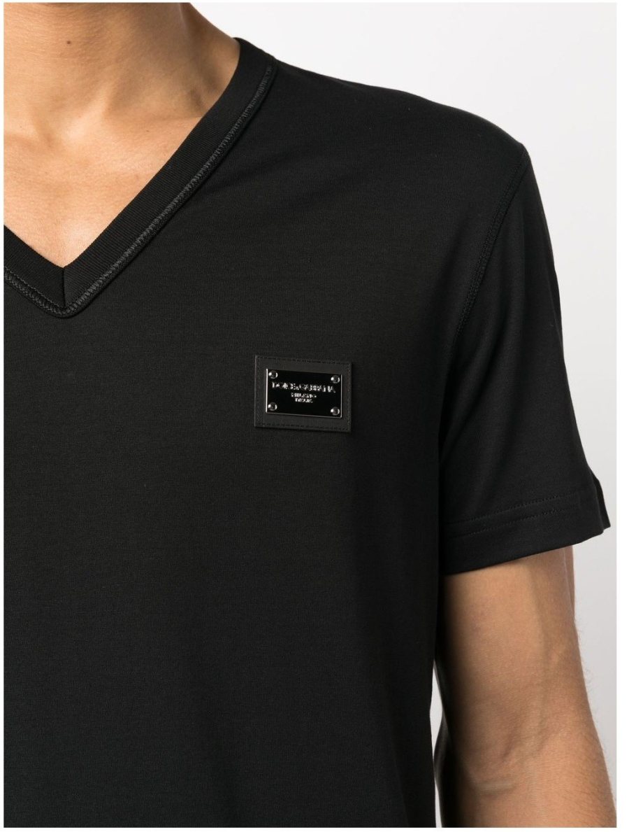Dolce & Gabbana Logo Plaque V-Neck T-Shirt — Black — 3