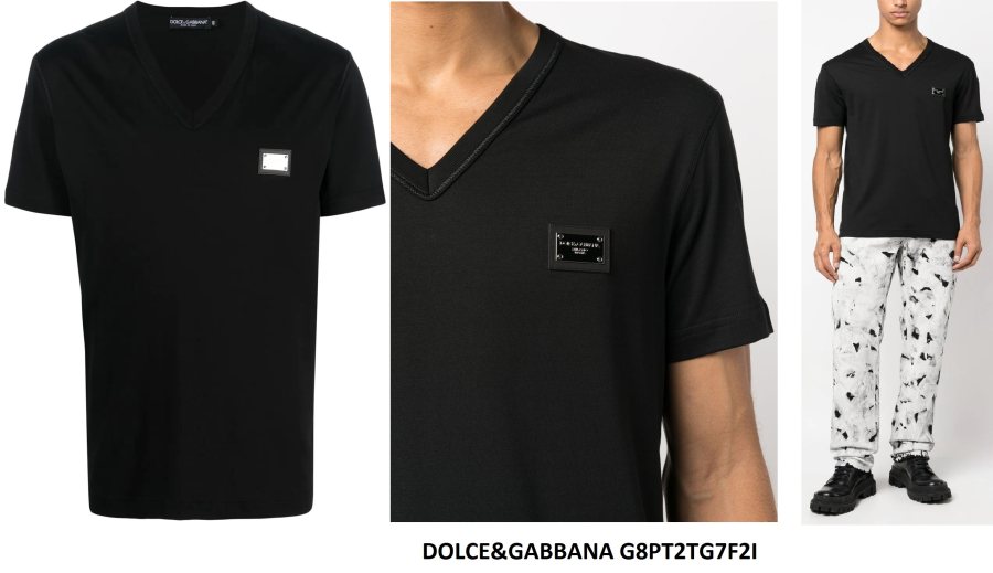 Dolce & Gabbana Logo Plaque V-Neck T-Shirt — Black — 2