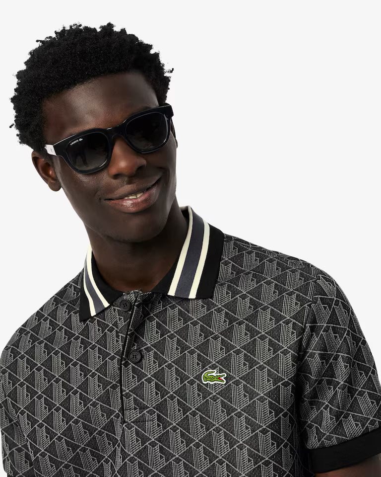 LACOSTE Lacoste Men Classic Fit Monogram Jacquard Polo Shirt — Black — 3