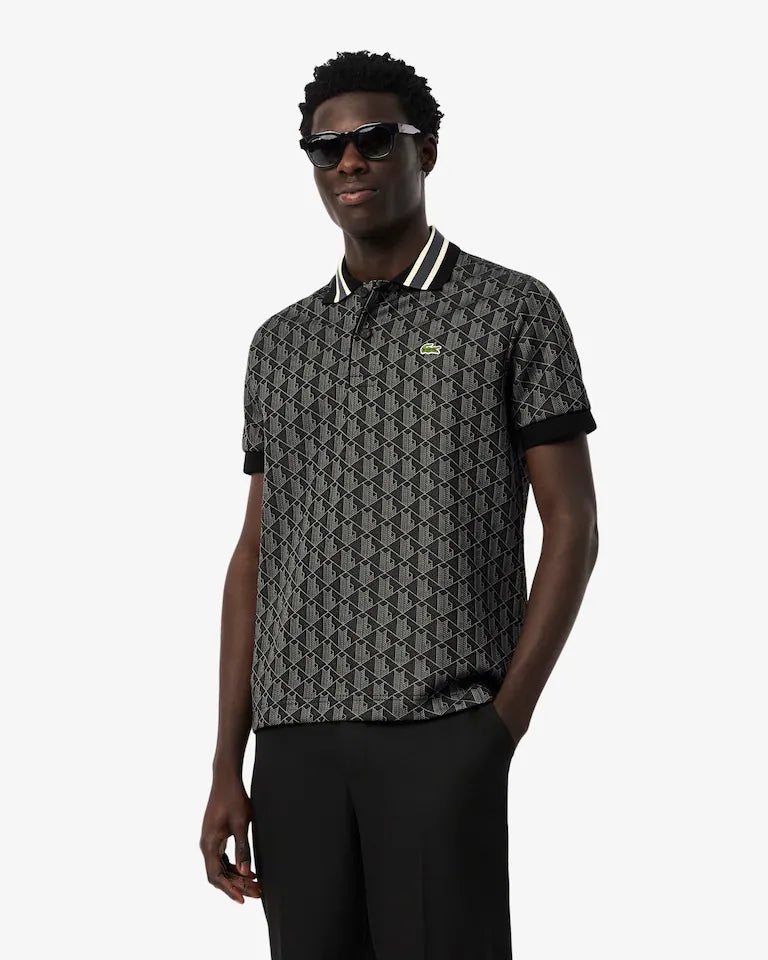 LACOSTE Lacoste Men Classic Fit Monogram Jacquard Polo Shirt — Black — 4