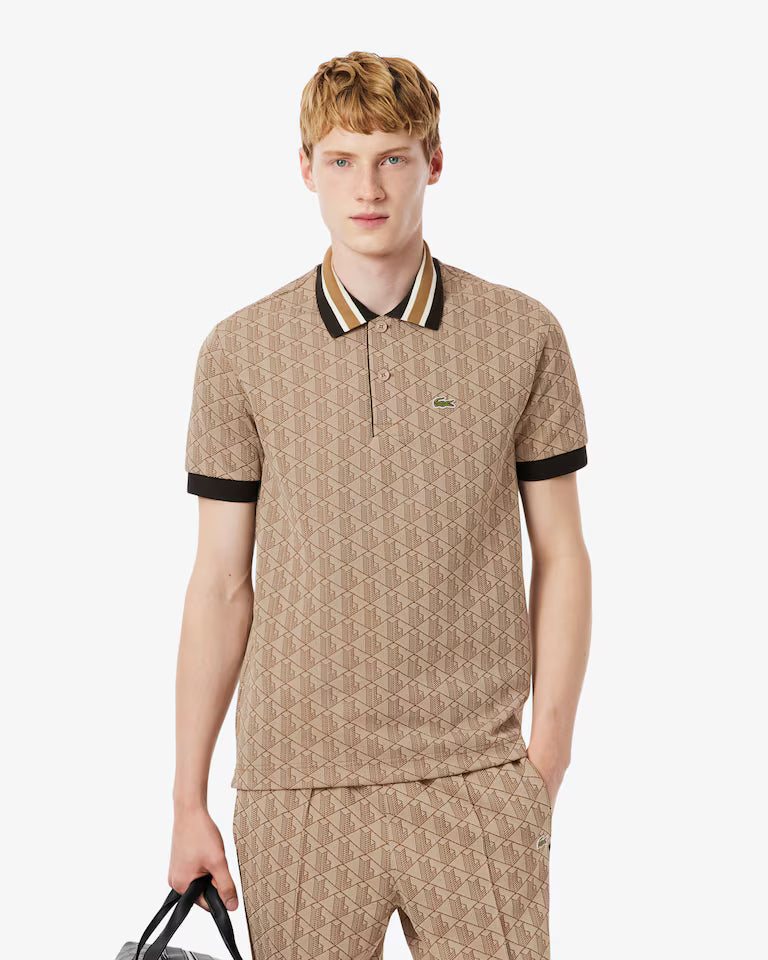 LACOSTE Lacoste Men Classic Fit Monogram Jacquard Polo Shirt — Beige — 5