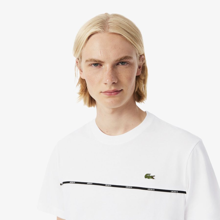 LACOSTE Lacoste Trim Cotton Jersey T-shirt — White — 3